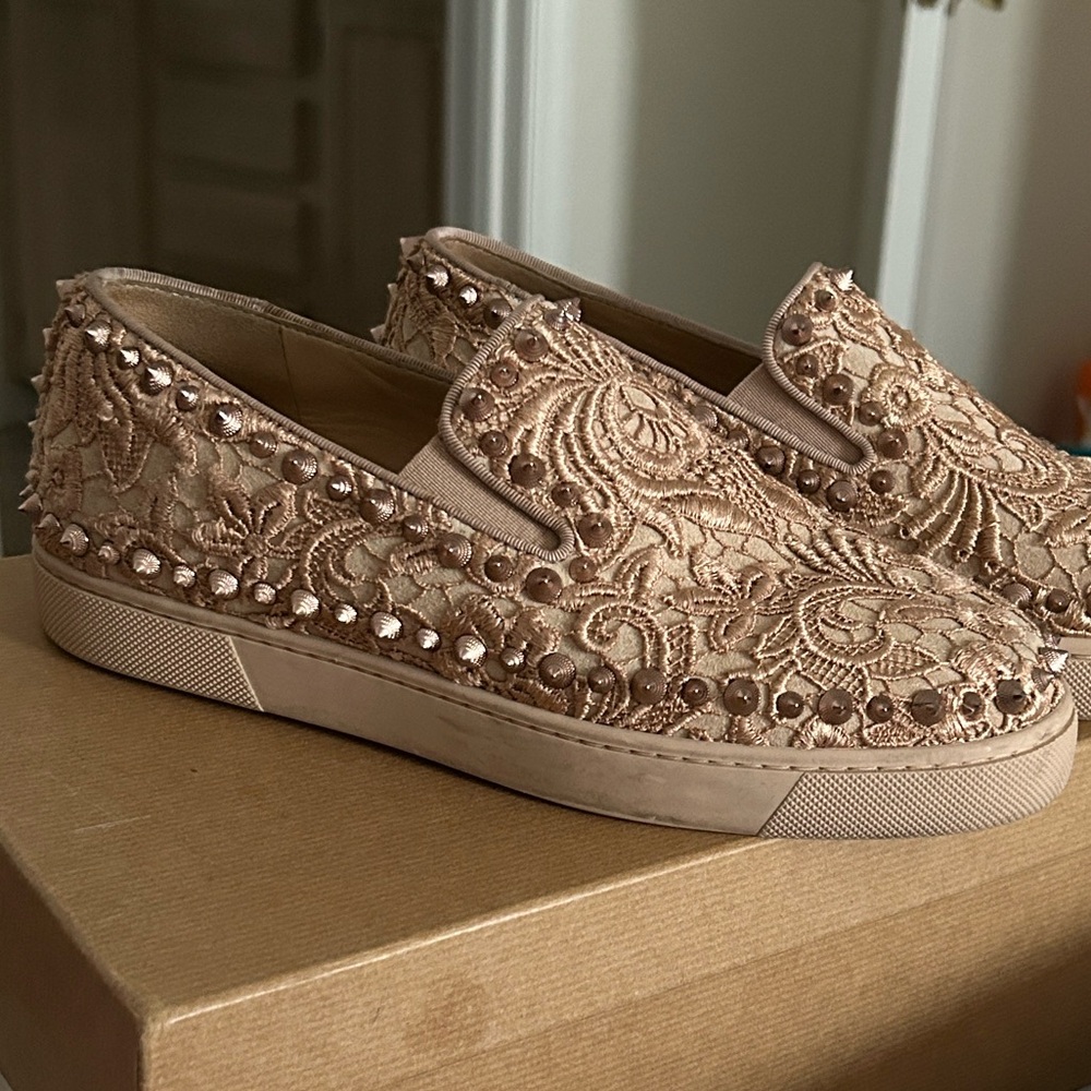 Christian Louboutin Blush Pink Embroidered Slip-On Sneakers